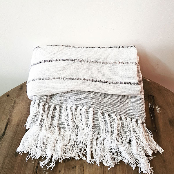 Cotton Tassel Burbur Stripe Throw  - Grey/White 