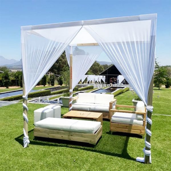 Modernist Four Post Wood Pergola with Draping